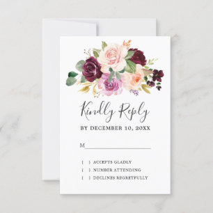 Plum Paars Blush Pink Botanical Floral Wedding RSVP Kaartje