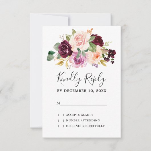Plum Paars Blush Pink Botanical Floral Wedding RSVP Kaartje (Voorkant)