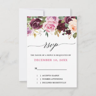 Plum Paars Blush Pink Botanical Floral Wedding RSVP Kaartje
