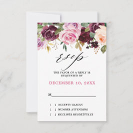 Plum Paars Blush Pink Botanical Floral Wedding RSVP Kaartje
