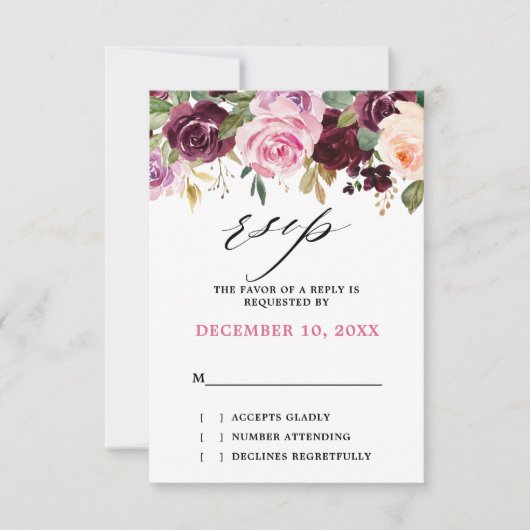 Plum Paars Blush Pink Botanical Floral Wedding RSVP Kaartje (Voorkant)