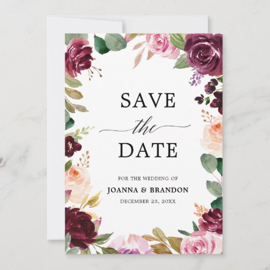 Plum Paars Blush Pink Botanical Floral Wedding Save The Date (Voorkant)