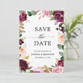 Plum Paars Blush Pink Botanical Floral Wedding Save The Date (Staand voorkant)