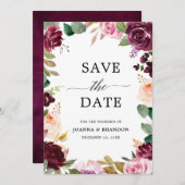 Plum Paars Blush Pink Botanical Floral Wedding Save The Date (Voorkant / Achterkant)