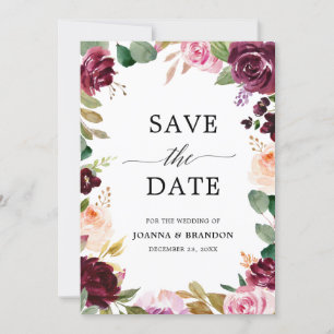 Plum Paars Blush Pink Botanical Floral Wedding Save The Date