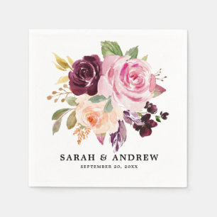 Plum Paars Blush Pink Botanical Floral Wedding Servet