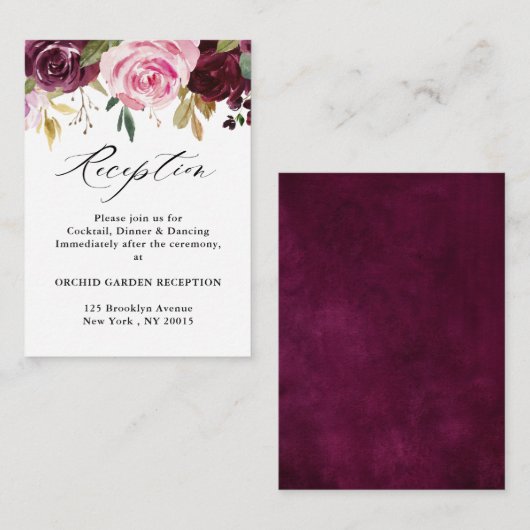 Plum Paars Blush Pink Botanical Florence Reception Informatiekaartje (Voorkant / Achterkant)