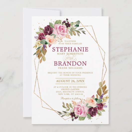 Plum Paars Blush Pink Geometric Floral Wedding Kaart (Voorkant)