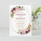 Plum Paars Blush Pink Geometric Floral Wedding Kaart (Staand voorkant)