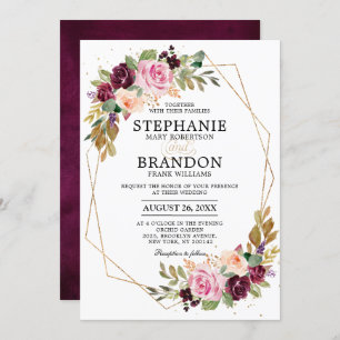 Plum Paars Blush Pink Geometric Floral Wedding Kaart