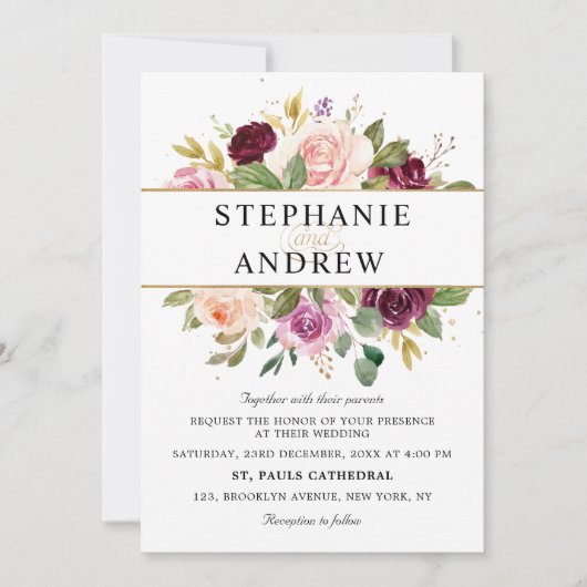 Plum Paars Blush Pink Geometric Floral Wedding Kaart (Voorkant)