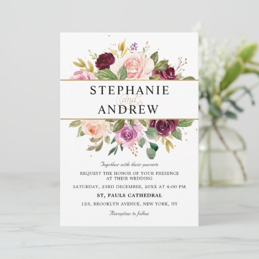 Plum Paars Blush Pink Geometric Floral Wedding Kaart (Staand voorkant)