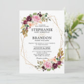 Plum Paars Blush Pink Geometric Floral Wedding Kaart (Staand voorkant)
