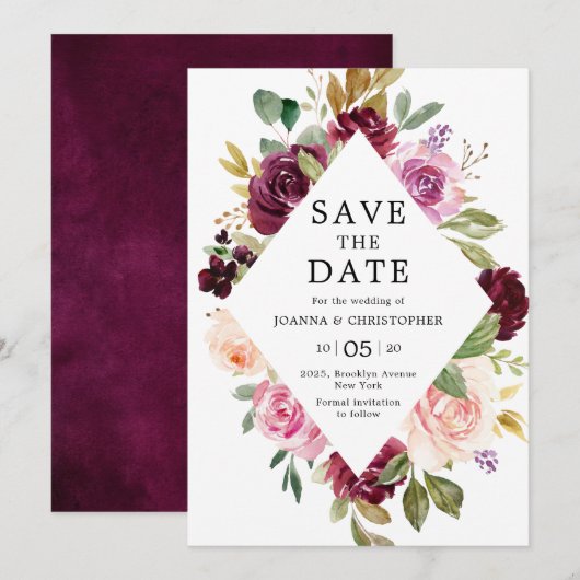 Plum Paars Blush Pink Geometric Floral Wedding Save The Date (Voorkant / Achterkant)