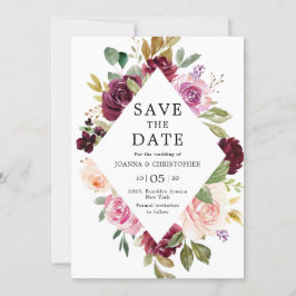 Plum Paars Blush Pink Geometric Floral Wedding Save The Date