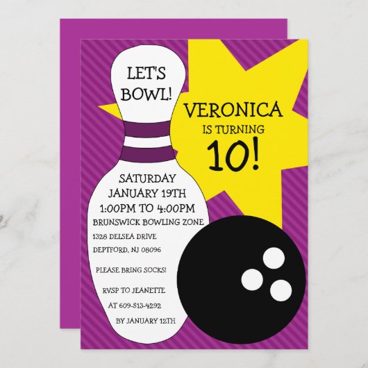 Plum Paars Bowling Bash Bowling Birthday Party Kaart (Voorkant / Achterkant)