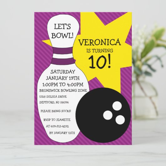 Plum Paars Bowling Bash Bowling Birthday Party Kaart (Staand voorkant)