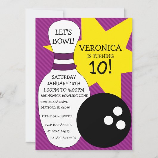 Plum Paars Bowling Bash Bowling Birthday Party Kaart (Voorkant)