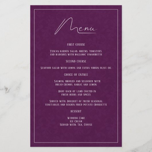 Plum Paars Damask Elegant Simple Wedding Menu (Voorkant)
