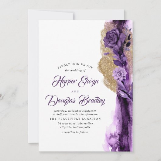 Plum Paars - Eggplant and Gold Floral Wedding Kaart (Voorkant)