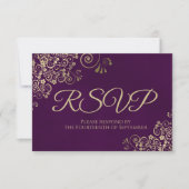 Plum Paars & Elegant Gold Lace Frilly Wedding RSVP Kaartje (Voorkant)