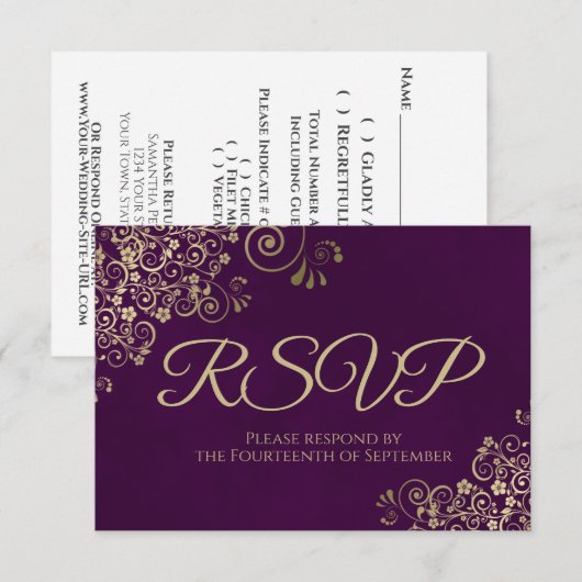 Plum Paars & Elegant Gold Lace Frilly Wedding RSVP Kaartje (Voorkant / Achterkant)