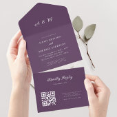 Plum Paars Elegant Monogram QR Code Weddenschap All In One Uitnodiging