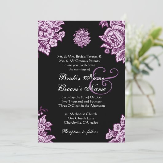 Plum Paars en Black  Flowers Wedding Kaart (Staand voorkant)