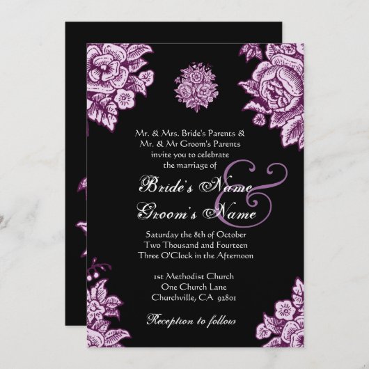 Plum Paars en Black  Flowers Wedding Kaart (Voorkant / Achterkant)