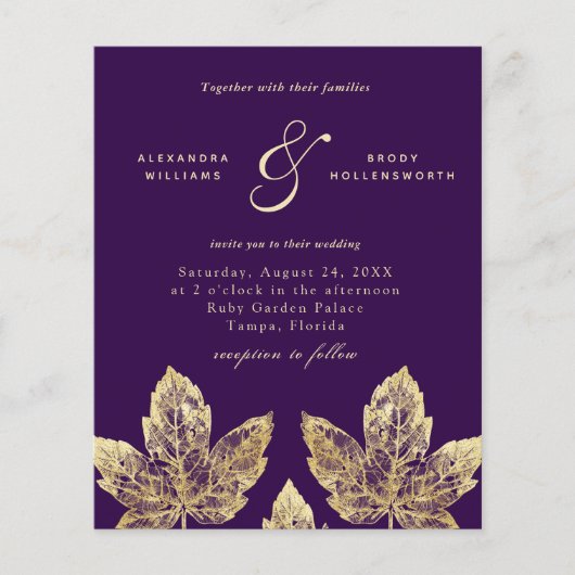 Plum Paars en Gold Rustic Leaves Wedding Invite (Voorkant)