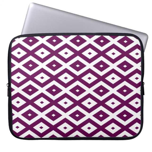 Plum paars en white diamant patroon laptop sleeve (Voorkant)