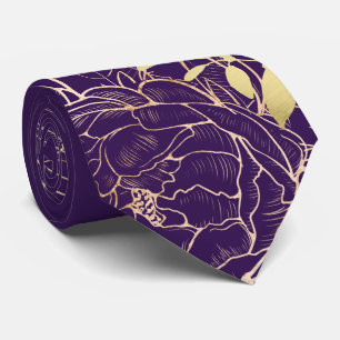Plum Paars Faux Gold Peony Modern Floral Wedding Stropdas