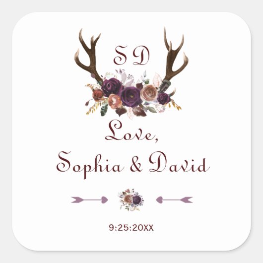 Plum Paars Floral Antlers Weddenschap Vierkante Sticker (Voorkant)