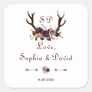 Plum Paars Floral Antlers Weddenschap Vierkante Sticker