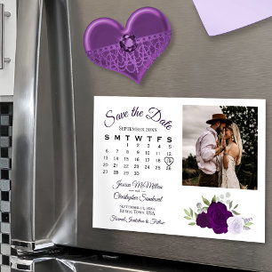 Plum Paars Floral Calendar & Photo Save the Date Magnetische Uitnodiging