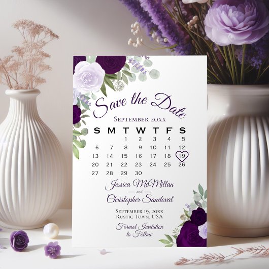 Plum Paars Floral Elegant Boho Wedding Calendar Save The Date