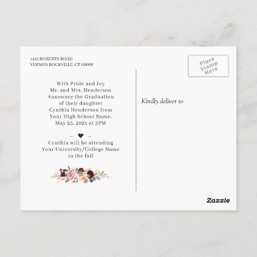 Plum Paars Floral Foto Afstuderen Aankondiging Briefkaart (Achterkant)