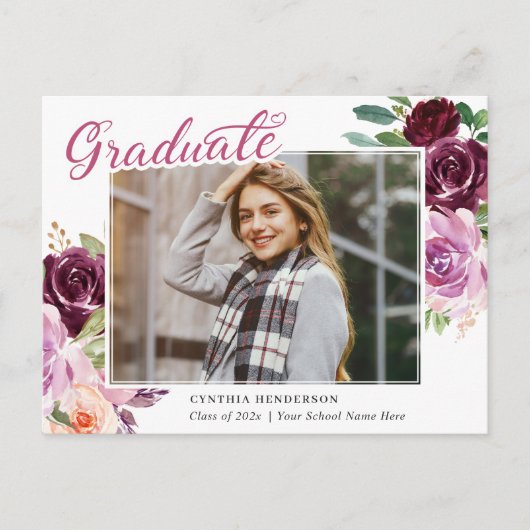 Plum Paars Floral Foto Afstuderen Aankondiging Briefkaart (Voorkant)