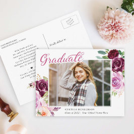 Plum Paars Floral Foto Afstuderen Aankondiging Briefkaart