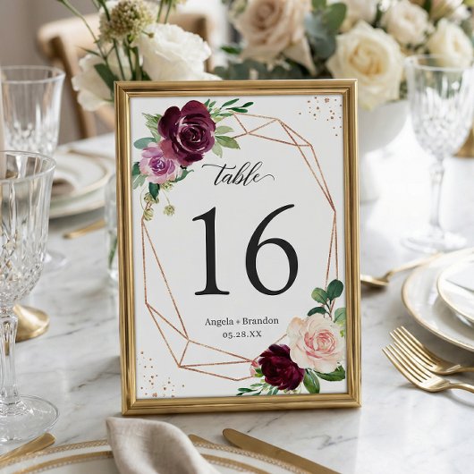 Plum Paars Floral Geometric Wedding Table Number RSVP Kaartje