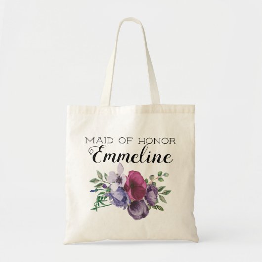 Plum Paars Floral Greenery Maid of Honor Tote Bag (Voorkant)