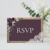 Plum Paars Floral Lace Wood Wedding RSVP (Staand voorkant)
