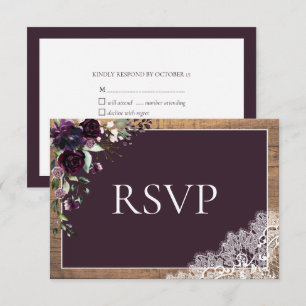Plum Paars Floral Lace Wood Wedding RSVP