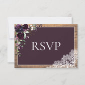 Plum Paars Floral Lace Wood Wedding RSVP Kaartje (Voorkant)