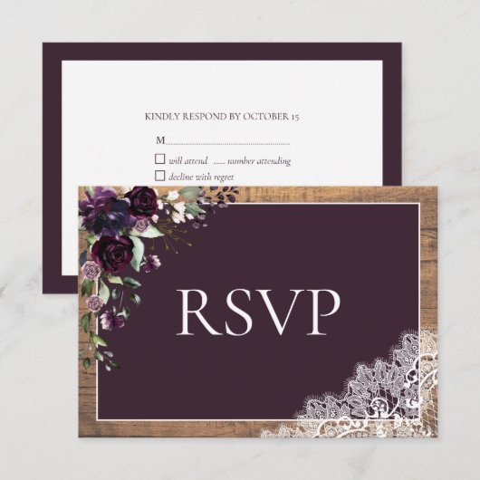 Plum Paars Floral Lace Wood Wedding RSVP Kaartje (Voorkant / Achterkant)