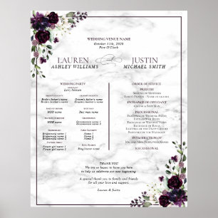 Plum Paars Floral Marble Wedding Programme Poster