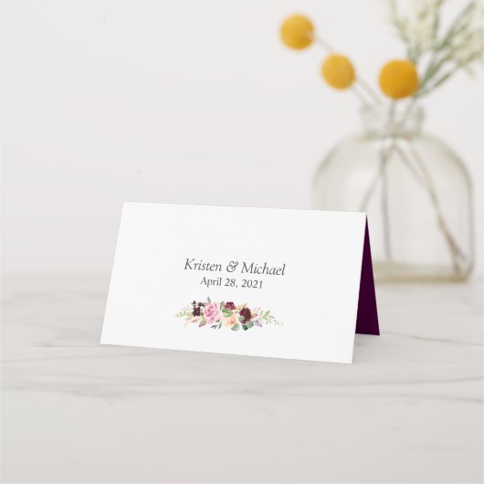 Plum Paars Floral Modern Roos Gold Wedding Plaatskaartje (Achterkant)