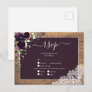 Plum Paars Floral Script Lace Wood Weddenschap RSV Uitnodiging Briefkaart