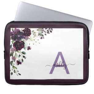 Plum Paars Floral Script Name Monogram Initiaal Laptop Sleeve