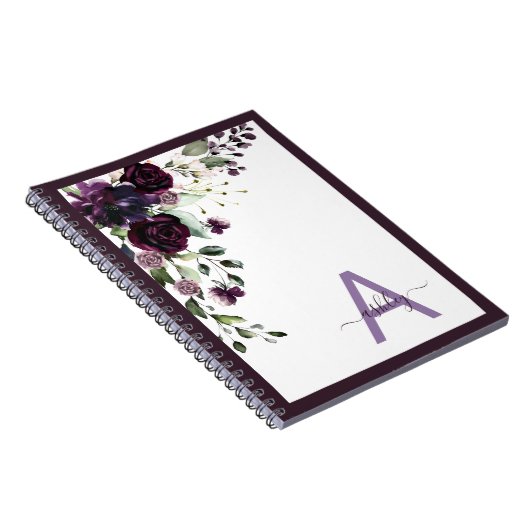 Plum Paars Floral Script Name Monogram Initiaal Notitieboek (Rechterzijde)